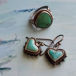 Silver and turqoise heart earrings ring set